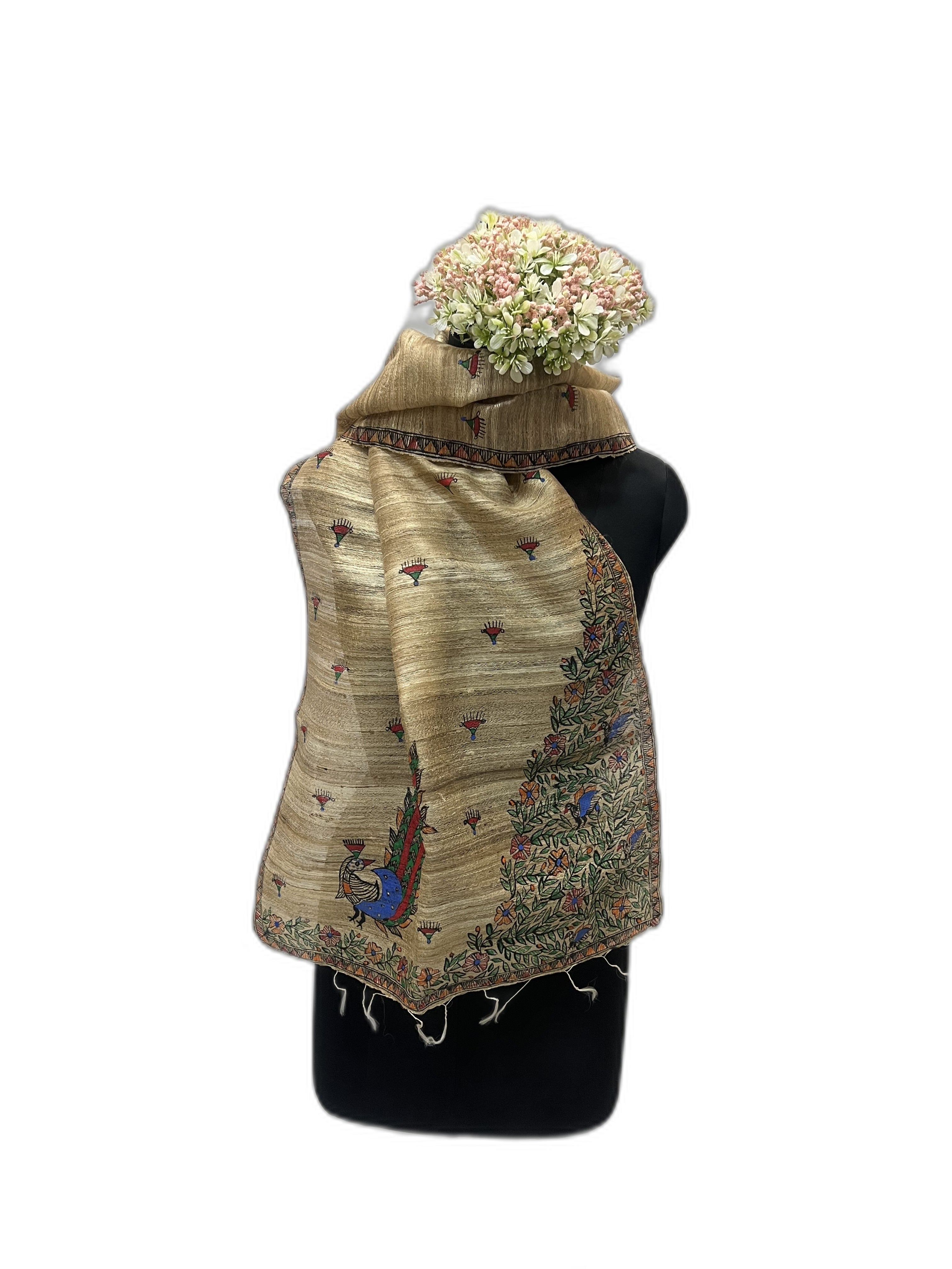 Ghicha Silk Stole in Natural with Handpainted Madhubani Peacock Motif